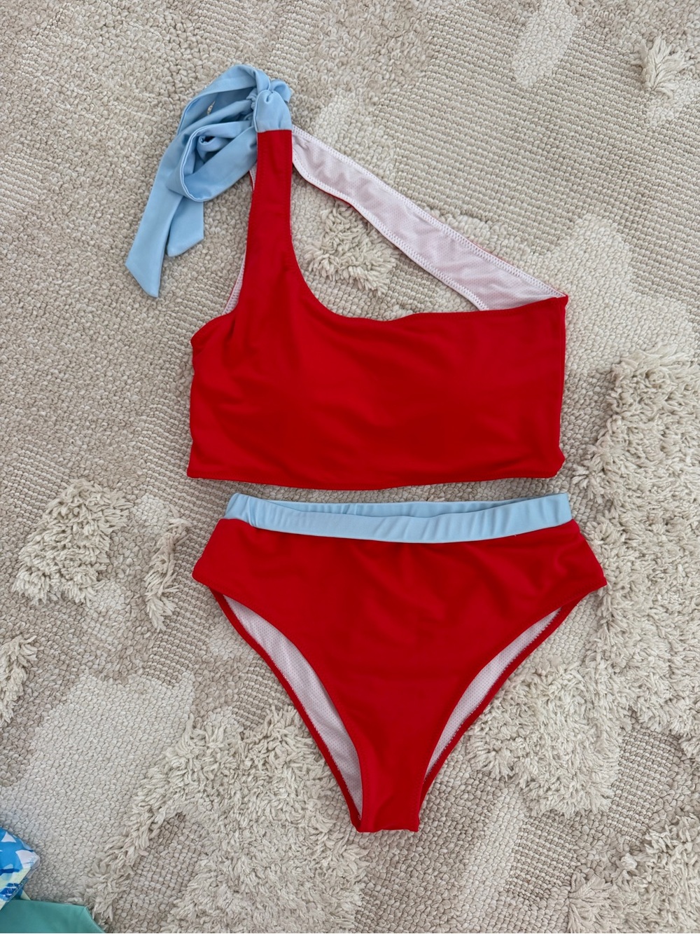 Busy Bees Smocks Red One-Shoulder Bikini Set with Light Blue Trim